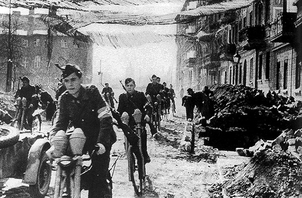 Hitlerjugend with panzerfausts on bicycles